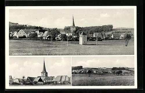 AK Unternbibert i. Mfr., Ortstotale mit der Kirche, Blick über die Wiesen vor dem Ort, Bäckerei Hufnagel