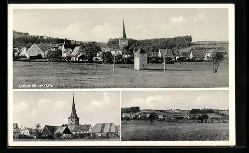 AK Unternbibert i. Mfr., Ortstotale, Blick zur Kirche, Bäckerei und Kolonialwaren Hufnagel