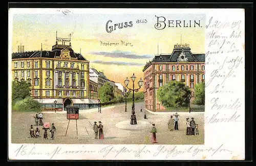 Lithographie Berlin-Tiergarten, Passanten auf dem Potsdamer Platz