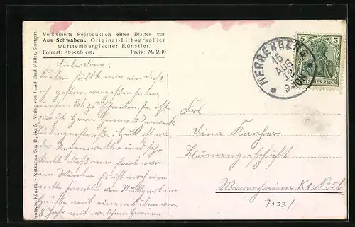 Künstler-AK Herrenberg, Generalansicht der Stadt mit der Kirche darüber