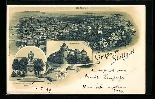 Lithographie Stuttgart, Generalansicht der Stadt, das alte Schloss, das Herzog Christoph Denkmal