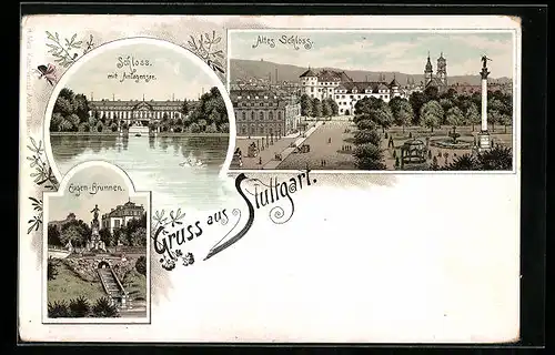 Lithographie Stuttgart, Blick zum alten Schloss, am Anlagensee, der Eugen-Brunnen