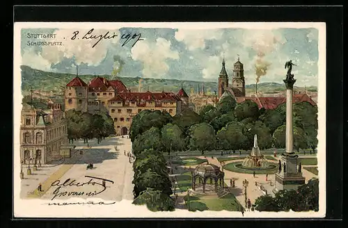 Lithographie Stuttgart, Pavillon und Säule auf dem Schlossplatz