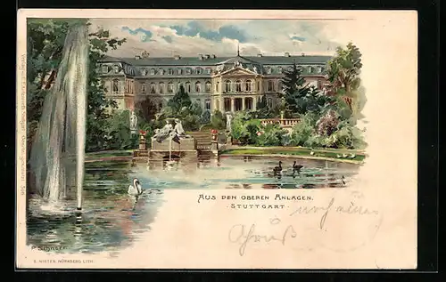 Lithographie Stuttgart, aus den oberen Anlagen, am Wasserspiel