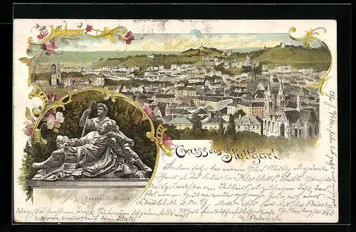 Lithographie Stuttgart, Totalansicht der Stadt, die Eberhards-Gruppe