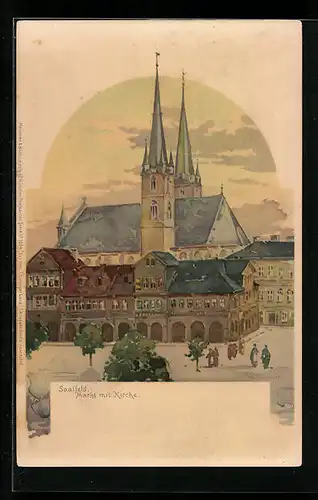 Lithographie Saalfeld, Markt mit Kirche