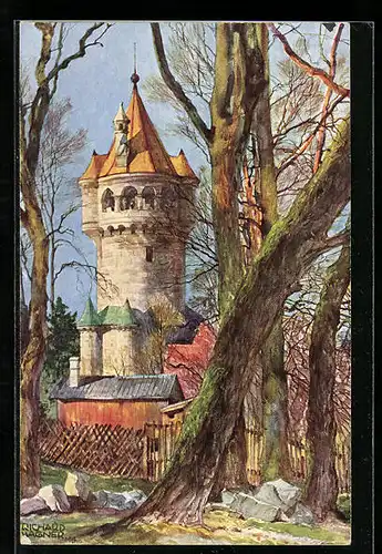 Künstler-AK Landsberg a. Lech, Blick zum Mutterturm