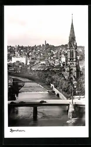 AK Pforzheim, Stadttotale, Blick auf die Brücken und die Kirche