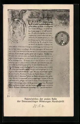 AK Donaueschingen, Reproduktion der ersten Seite der Nibelungen Handschrift