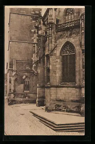 AK Schorndorf, Stadtkirche, Partie am Chor mit dem Turm von Südosten