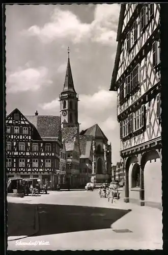 AK Schorndorf i. Württ., alte fachwerkhäuser auf dem Marktplatz