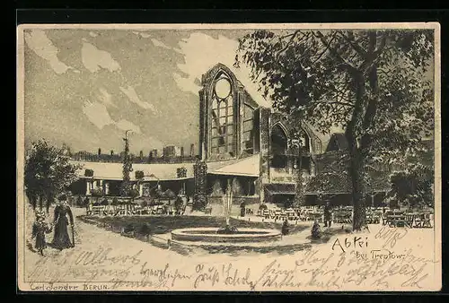 Künstler-AK Berlin-Treptow, Passanten an der Abteiruine