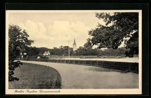 AK Berlin-Treptow, Blick von der Spreepromenade zum Kirchturm