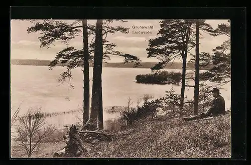 AK Berlin-Grunewald, Mann am Ufer von Lindwerder