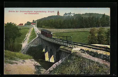AK Augustusburg im Erzgebirge, Brücke der Drahtseilbahn mit der Endstation