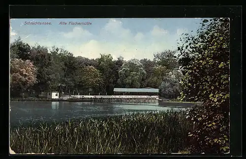 AK Berlin-Schlachtensee, Blick vom Ufer zum Restaurant Alte Fischerhütte