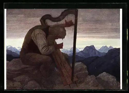 Künstler-AK Thomas Walch: Alpensymphonie, alter Mann spielt die Harfe