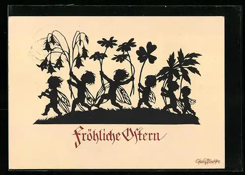 Künstler-AK Georg Plischke: Ostergrüsse, Feen mit Blumen, Scherenschnitt