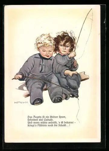 Künstler-AK Hilla Peyk: Kinder in Schlafanzügen beim Angeln