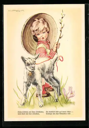 Künstler-AK Hilla Peyk: Mädchen mit grossem Hut und kleiner Ziege