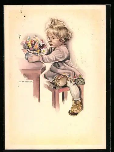 Künstler-AK Hilla Peyk: Mädchen sitzt am Tisch, eine Blumenvase in der Hand