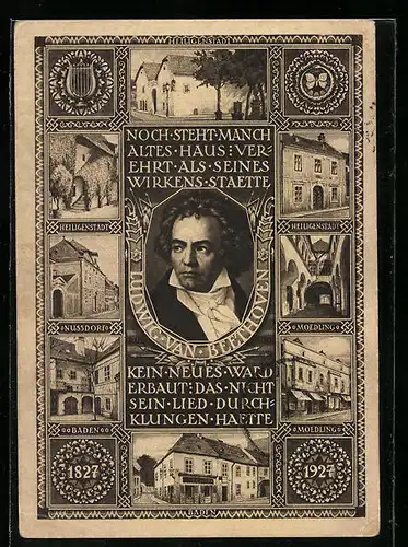 AK Ludwig van Beethoven, Häuser in Baden, Nussdorf, Heiligenstadt und Moedling