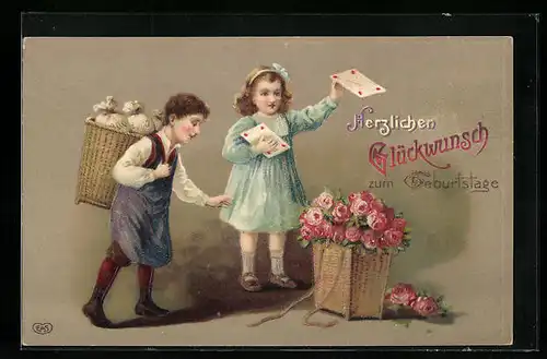 Künstler-AK Kinder mit Körben voller Blumen zum Geburtstag