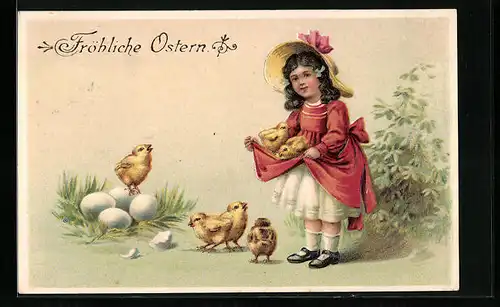 AK Fröhliche Ostern, Mädchen mit Osterküken