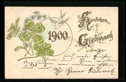 AK Jahreszahl mit Vogel und Kleeblättern, Neujahrsgruss 1900