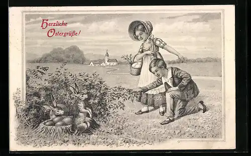 AK Paar mit Osterhasen zum Feste
