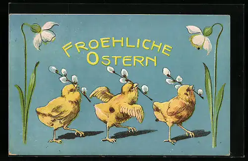 AK Osterküken mit Palmkätzchenzweigen