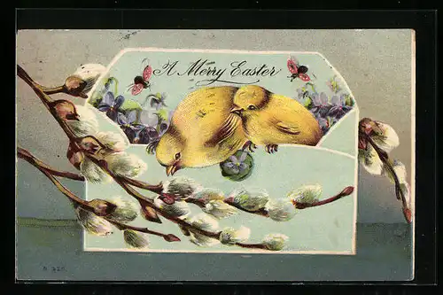 AK Osterküken mit Palmkätzchenzweigen