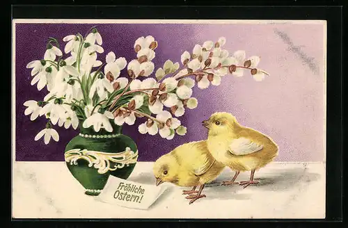 AK Osterküken am Tisch mit Schneeglöckchen