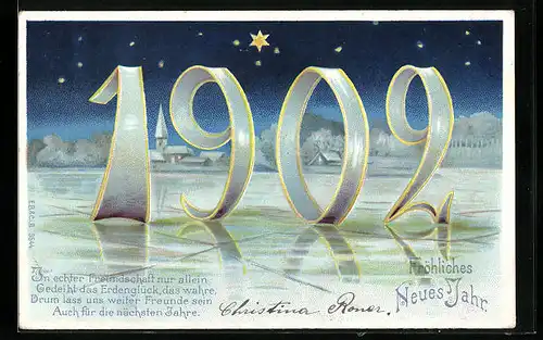 AK Sternenhimmel und zugefrorener See mit Jahreszahl 1902, Fröhliches Neues Jahr