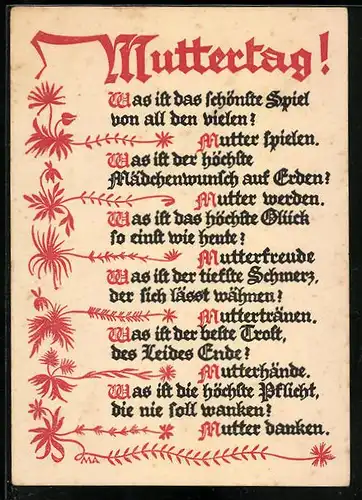AK Muttertag 10. Mai 1931, Gedicht an die geliebte Mutter