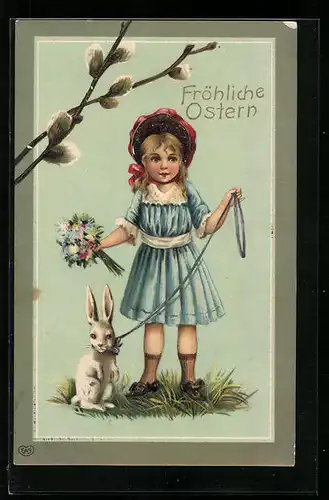 AK Mädchen mit Osterhasen an der Leine