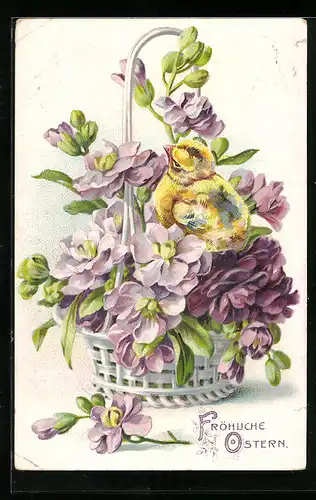 AK Osterküken mit Blumen im Korb