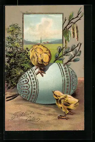 AK Osterküken auf dem Osterei