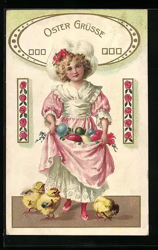 AK Mädchen mit eingesammelten Ostereiern