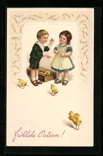 AK Kinder mit Osterküken, Fröhliche Ostern