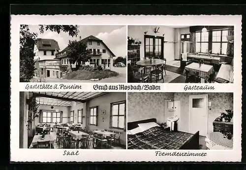 AK Mosbach i. Baden, Gaststätte und Pension Häffner-Dell, Gastraum, Saal und Fremdenzimmer