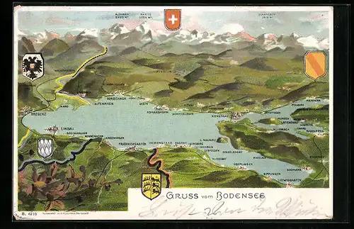 Lithographie Konstanz am Bodensee, Landkarte des Sees mit der Umgebung, Wappen der Städte am Seeufer