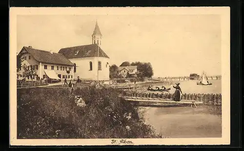 AK St. Alban, Dame am Flussufer mit Blick zur Kirche
