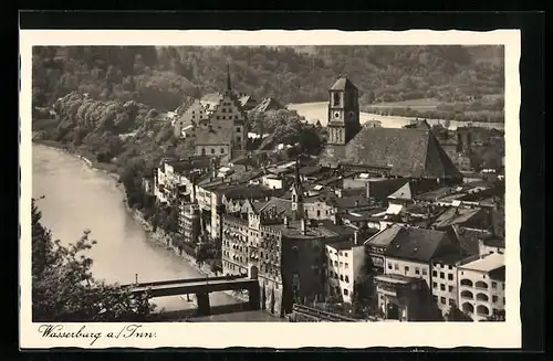 AK Wasserburg am Inn, Brücke in die Stadt und Blick auf die Kirche