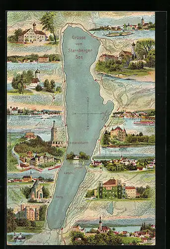 Künstler-AK Tutzing, Starnberger See mit Ansichten der umliegenden Orte