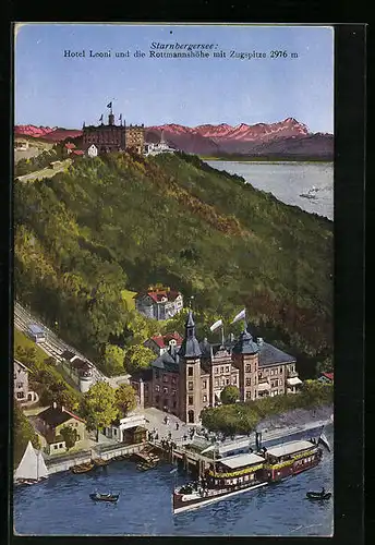 AK Leoni /Starnberger See, Hotel Leoni und die Rottmannshöhe mit Zugspitze