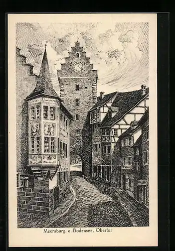 Künstler-AK Meersburg a. Bodensee, Strassenpartie mit Blick aufs Obertor
