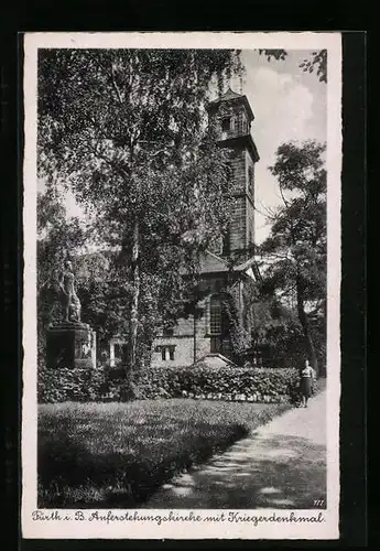 AK Fürth /Bay., Auferstehungskirche mit Kriegerdenkmal