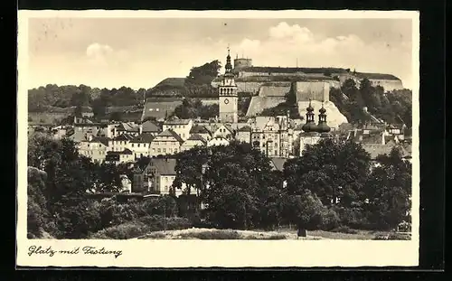 AK Glatz, Ortsansicht mit Festung aus der Vogelschau