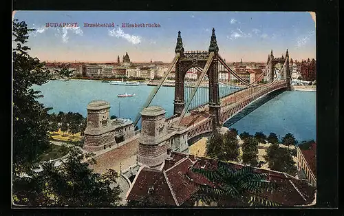 AK Budapest, Elisabethbrücke mit Stadtpanorama aus der Vogelschau